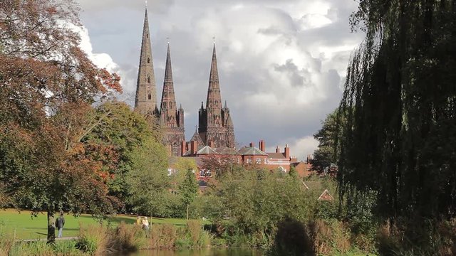 Historic Lichfield Cathedral Beautiful View Across River and Park Swans and Ducks
