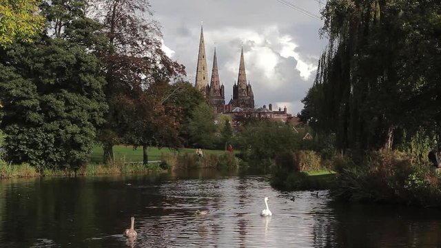 Historic Lichfield Cathedral Beautiful View Across River and Park Swans and Ducks