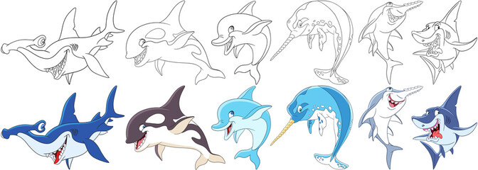 Naklejka premium Zestaw zwierząt kreskówek. Kolekcja podwodnych drapieżników. Młot, orka (orka), delfin, narwal (ryba-jednorożec), ryba piła, rekin. Książka do kolorowania dla dzieci.