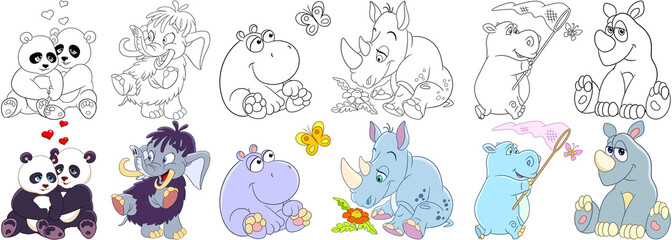 Cartoon animals set. Collection of mammals. Panda bears in love, mammoth (elephant), hippo (hippopotamus), butterfly, rhino (rhinoceros) and daisy flower. Coloring book pages for kids.