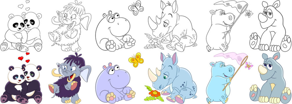 Cartoon animals set. Collection of mammals. Panda bears in love, mammoth (elephant), hippo (hippopotamus), butterfly, rhino (rhinoceros) and daisy flower. Coloring book pages for kids.