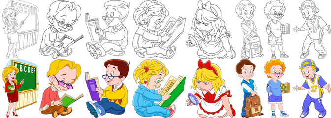 Cartoon school set. Young teacher pointing at the blackboard, pupils reading textbooks, girl with magnifier, schoolboy holding backpack, boy chess player, rapper singer. Coloring book pages for kids.