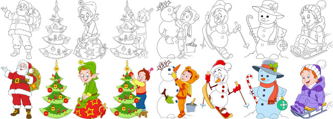 Cartoon christmas set. New Year collection. Santa claus with presents, elf, child decorating fir tree, snowman skiing, candy stick and bauble, young boy sledding. Coloring book pages for kids.