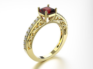 3D illustration gold ring with diamonds and ruby