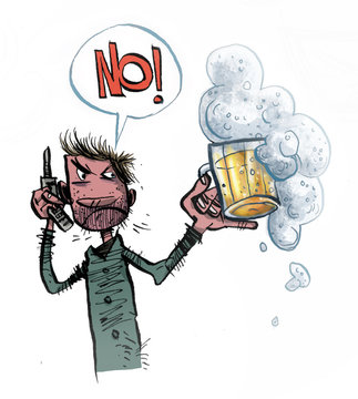 Unhappy Man Drinking Beer. Comic Illustration