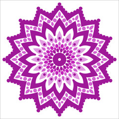 Bright circular ornament consists of simple shapes. Stylized ethnic motive. Mandala in purple colors.