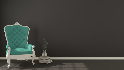 Classic dark living background, with white and turquoise vintage armchair on herringbone natural parquet flooring, interior design