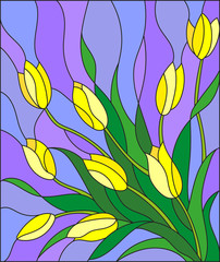 Illustration in stained glass style with a bouquet of yellow tulipson a purple background