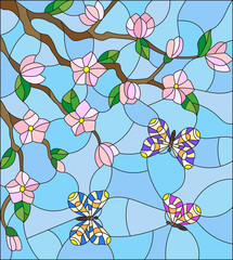 Naklejki  Illustration in stained glass style with abstract cherry blossoms and butterflies on a sky background