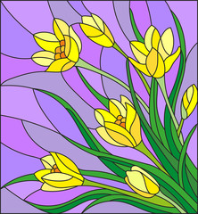Fototapeta premium Illustration in stained glass style with bouquet of yellow crocuses on a purple background 