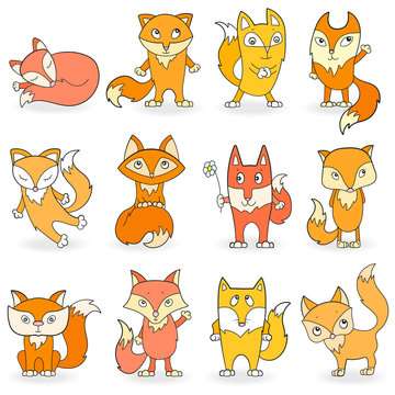 Set of funny colored foxes on a white background isolated