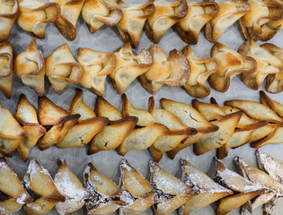 Hamantaschen cookies at the bakery display for Purim Celebration.