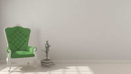 Classic living background, with white and green vintage armchair on herringbone natural parquet flooring, interior design