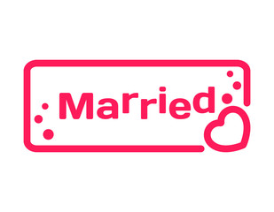 Married badge with heart icon flat vector illustration on white background. Wedding theme in dialog bubble. Romantic quotes stamp for cards, invitations, banners, labels, blog article