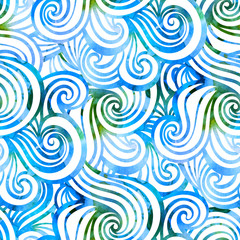 Fototapeta na wymiar Seamless watercolor wave hand-drawn pattern, waves background.Can be used for wallpaper, pattern fills, web page background,surface textures.