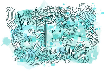 Summer sea shells, waves, corals and seaweeds banner design. Vector watercolor background