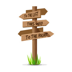 Wooden arrow vector direction signboard. Wood sign post concept with grass. Board pointer illustration with text isolated on a white background