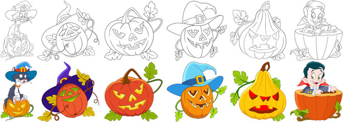 Cartoon halloween set. Holiday collection. Cat in a hat sitting on gourd, four carving pumpkins with different emotions, little child boy in a costume of vampire Dracula. Coloring book pages for kids.