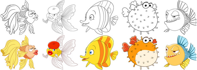Cartoon animals set. Collection of fishes. Goldfish, butterfly fish, puffer fish (blowfish, sea porcupine, fugu), piranha. Coloring book pages for kids.