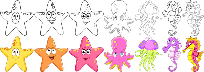 Naklejka premium Cartoon animals set. Collection of fishes. Underwater starfish, octopus (poulpe, cuttlefish, squid or devilfish), jellyfish (medusa), seahorse. Coloring book pages for kids.