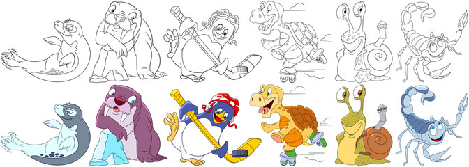 Cartoon animals set. Collection of ocean creatures. Sea lion (seal), walrus, penguin hockey player, turtle roller skating, snail with shell, scorpio. Coloring book pages for kids.