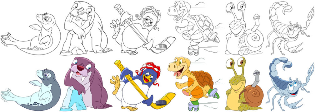 Cartoon animals set. Collection of ocean creatures. Sea lion (seal), walrus, penguin hockey player, turtle roller skating, snail with shell, scorpio. Coloring book pages for kids.