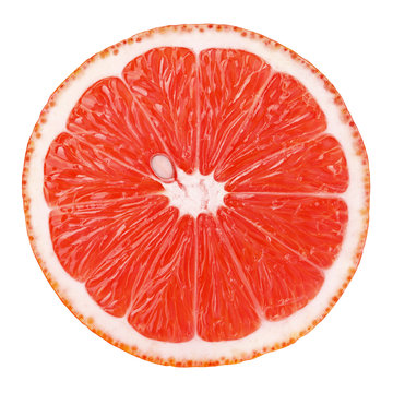Top view of textured ripe slice of pink grapefruit citrus fruit isolated on white background with clipping path