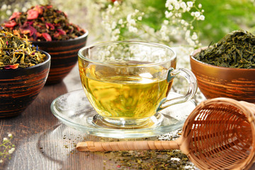 Composition with cup of tea and bowls of tea leaves
