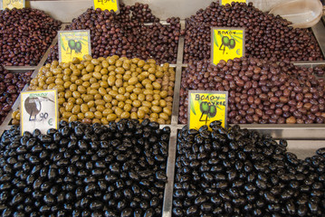 Different kinds of olives sold on the Greek market