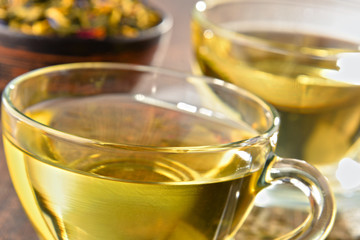 Composition with cup of tea and bowls of tea leaves