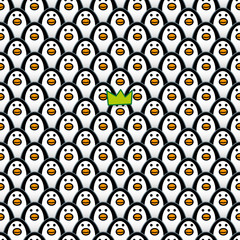 Penguin Wearing Green Party Hat in a crowd of Penguins