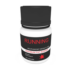 Diet Concept: Black Pill Bottle Running As Fat Burner, 3d illustration isolated on white background