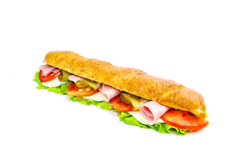 long sandwich with tomatoes and ham on white background 3