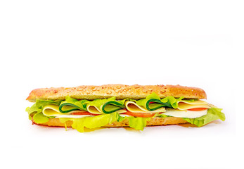 long sandwich with tomatoes and cucumbers on white background 2