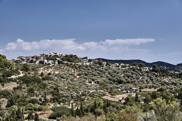 Fototapeta na wymiar Greek town on top of a hill on the island of Lefkada.