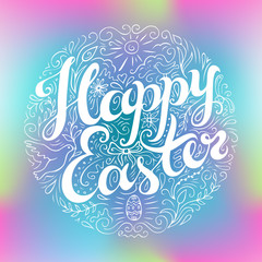 Happy Easter doodle style handwritten greeting with many spring attributes.