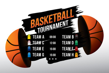 Fototapeta premium Vector of basketball match with team competition and scoreboard on court background.
