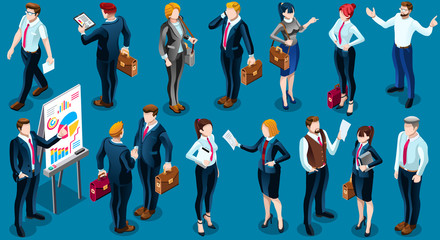 Isolated Group of Diverse Isometric Business People. 3D meeting infograph crowd with standing walking casual people icon set. Conference handshake hand shake lot collection vector illustration