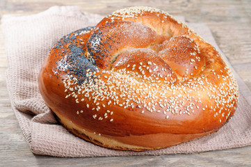 Easter cake with poppy seeds and sesame seeds on a table