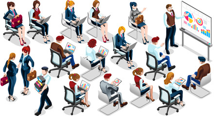 Trendy 3D isometric group isolated bank business people. Employee training staff character icon set. Interview and Analysis of sales deal agreement and partnership. Teamwork career vector illustration