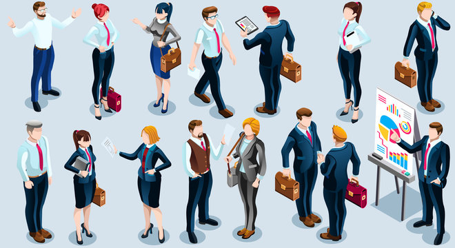 Trendy 3D isometric group of isolated bank business people. Employee desk staff character icon set. Interview and Analysis of sales deal agreement and partnership. Teamwork career vector illustration
