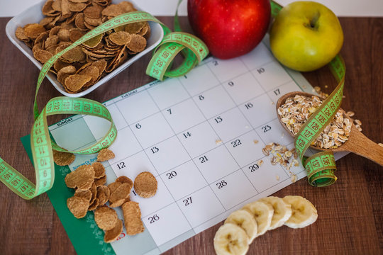 Calendar with health foods on the table