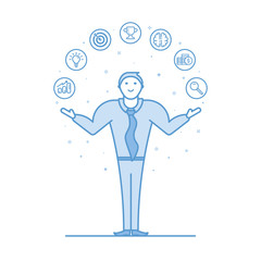Vector illustration of acrobat businessman in flat bold linear style. Man juggling with smile on his face.