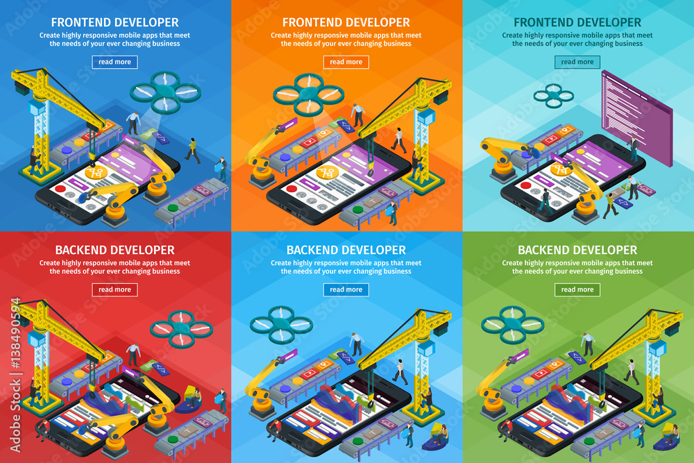 Poster developing mobile applications flat 3d isometric style. vertical banners set web design. frontend an