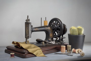 Vintage sewing machine with scissors and cactus