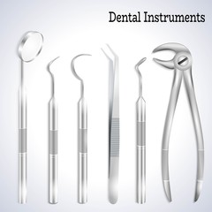 Teeth dental medical equipment steel tools set realistic vector illustration.Dental explorer,Dental probe,Mouth mirror,Dental forceps,Medical Tweezers,Dental Pick-3d realistic set for medical brochure