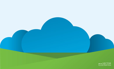 Banner with clouds and green fields. Vector illustration