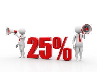3d illustration. White man 25% discount sale announcement with megaphone. discount concept on white background