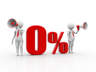3d illustration. White man 0% off sale announcement with megaphone. discount concept on white background