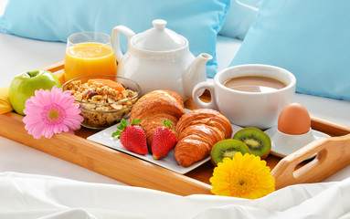 Breakfast tray in bed in hotel room